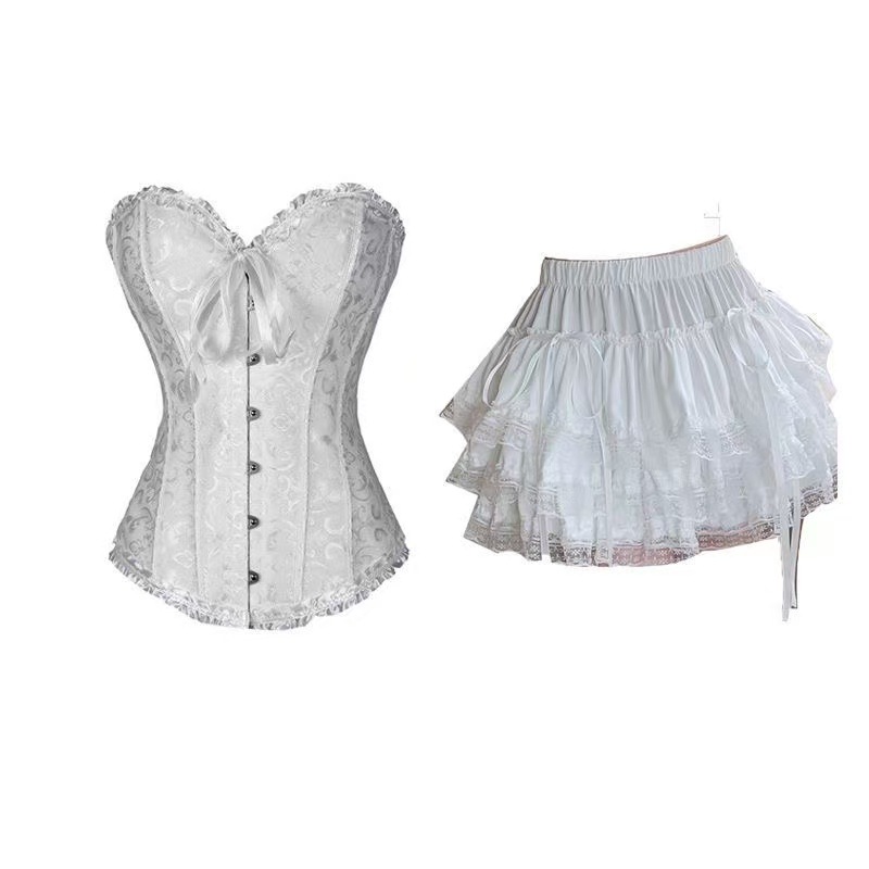 Strapless Fishbone Corset Top with Pleated Lace, Tummy-Control Bridal Shapewear, Black Mesh Skirt — detail image 8