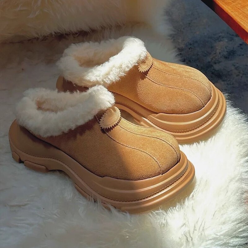 Sheepskin Version ~ Cute Bow Slip-On Half-Drag Toe Cotton Shoes for Women Fleece-Lined Fashionable Thick-Soled Wool Snow Boots