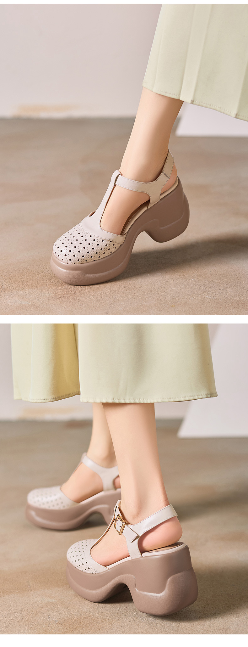 Sandal cao gót nữ quai ngang khóa T, đế dày 9.5 cm, gót thô — màu trắng ngà chi tiết 8