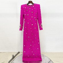 现货2025新款欧美明星时尚重工钉珠镶钻修身长款连衣裙 礼服长裙