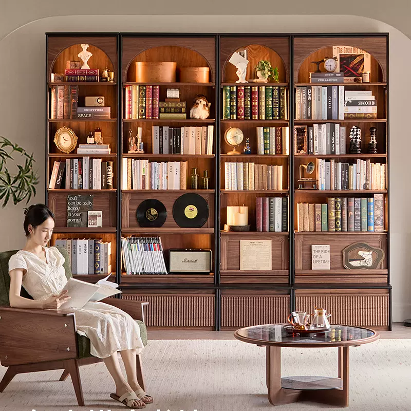 崇匠家具全屋整墙组合书柜法式复古组合柜黑胡桃木实木架去客厅化