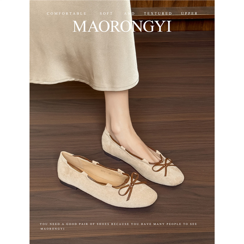 【】2026 Spring New Korean Style Women's Flat Bowknot Suede Soft Sole Granny Shoes Square Toe Single Shoes