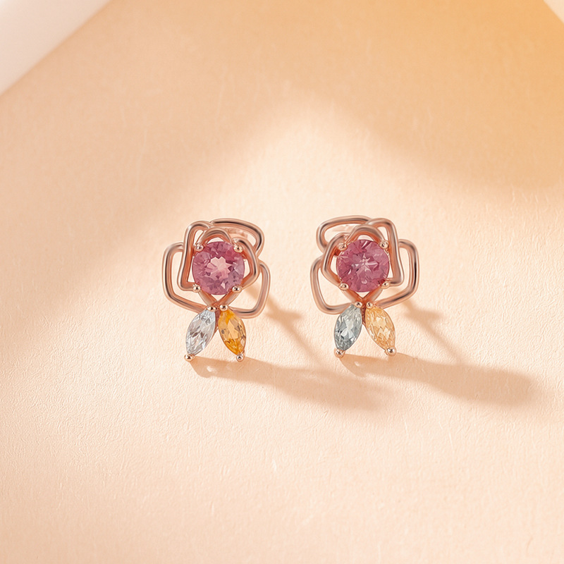 Bông tai bạc S925 mạ vàng hồng đính đá tourmaline hình hoa hồng nhỏ xinh — Một đôi