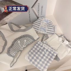 新款批发可爱洛丽塔雾蓝蕾丝围兜蝴蝶结格子纯欲可爱纯棉女士内裤