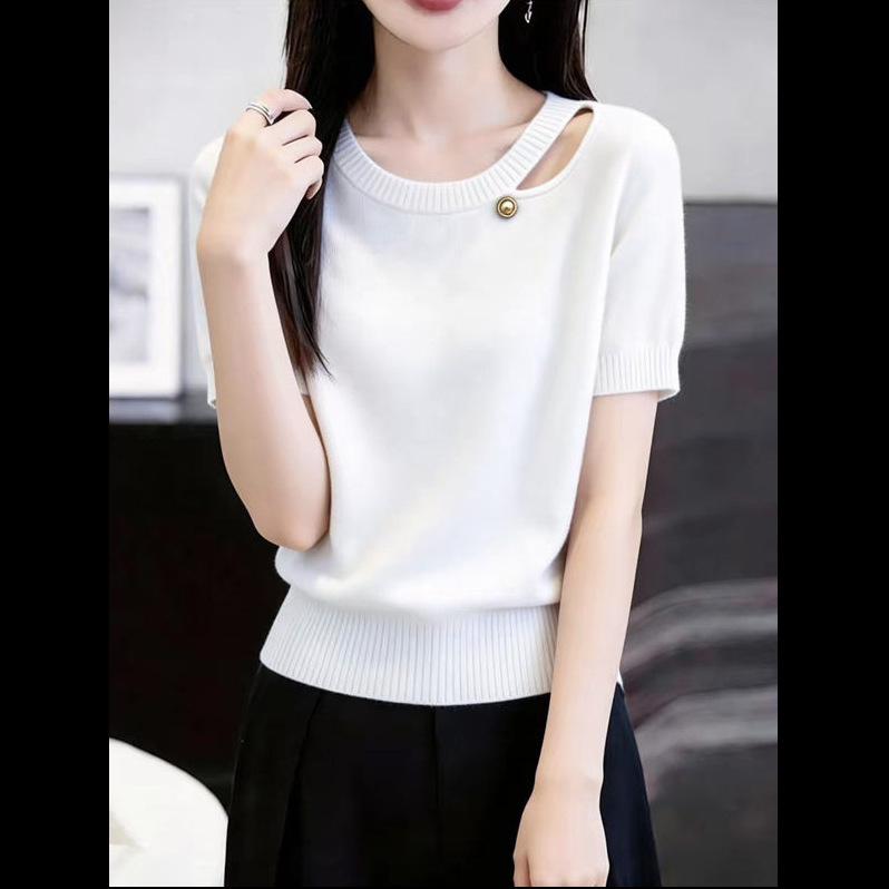 Summer Thin High-End Purple Ice Silk Knit Short-Sleeve T-Shirt for Women, Plus Size, Slimming, Unique and Beautiful Top Summer Thin High-End Purple Ice Silk Knit Short-Sleeve T-Shirt for Women, Plus Size, Slimming, Unique and Beautiful Top