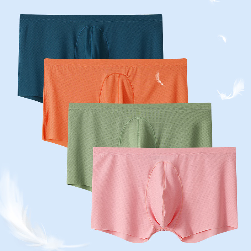 Wholesale cross-border men's boxers one-piece ice silk four-corner transparent sexy youth underwear solid color loose pants