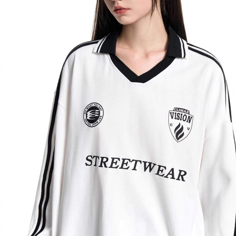 Climax Vision Moisture-Absorbent and Quick-Drying Retro Contrasting Color V Neck Letter Printed Long-Sleeved Jersey Genderless T-Shirt Climax Vision Moisture-Absorbent and Quick-Drying Retro Contrasting Color V Neck Letter Printed Long-Sleeved Jersey Genderless T-Shirt