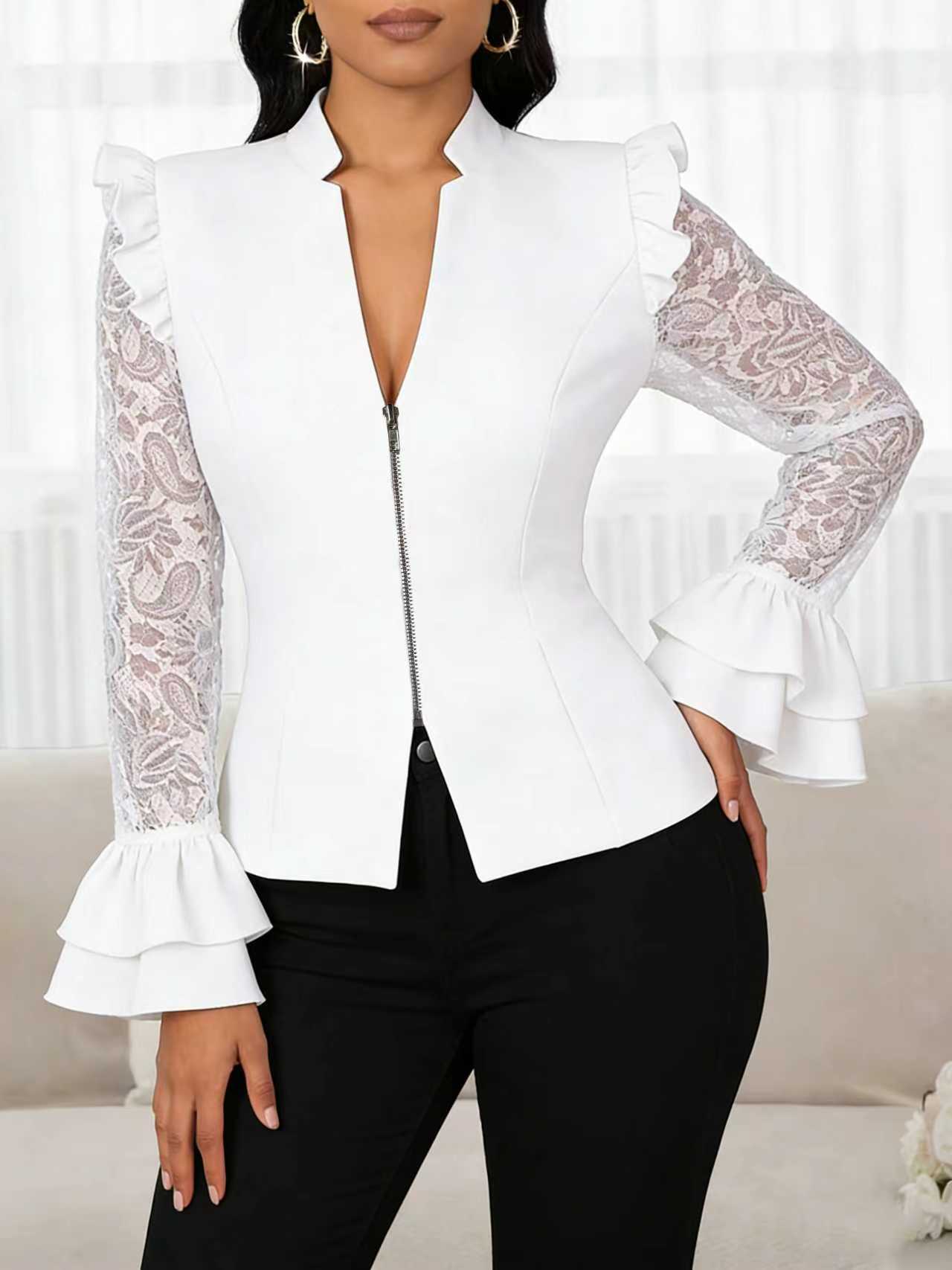 Kurze Damenbluse mit V-Ausschnitt und Spitze – Langärmliger Cardigan mit Reißverschluss (Elegant, leicht, vielseitig zum Kombinieren)_voghion.com