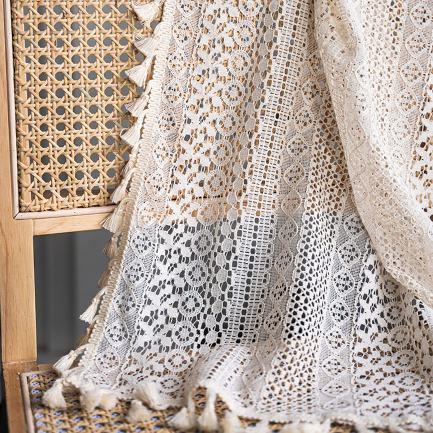 提供图片）米色波西米亚棉质蕾丝窗帘钩针编织纱帘跨境外贸亚马逊