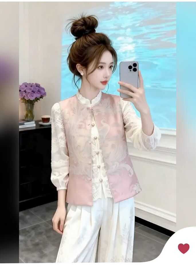 Áo gile nữ thêu hai mặt mặc được hai kiểu, dáng rộng phong cách retro — Áo gile hồng, Áo gile màu vàng chi tiết 2