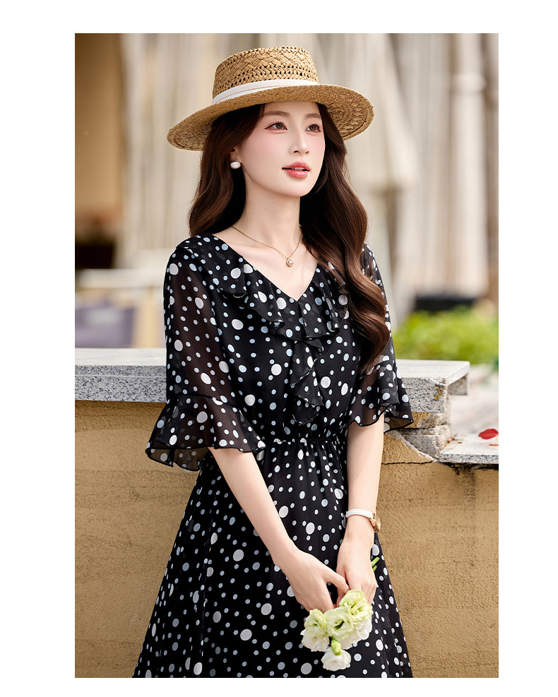 Đầm maxi nữ thắt eo cổ V in chấm bi đỏ — màu đen, màu đỏ chi tiết 13