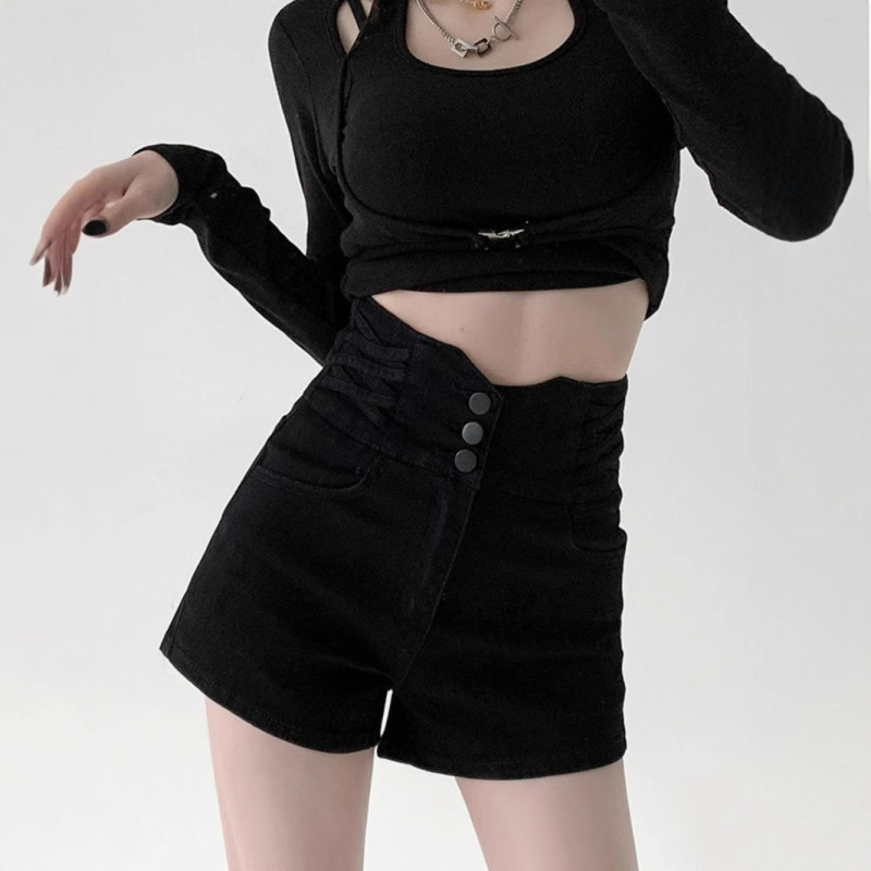 Summer Black Breasted Waist Belly Denim Shorts Women's Straight Style Wide Leg Hot Girl Pants Summer Black Breasted Waist Belly Denim Shorts Women's Straight Style Wide Leg Hot Girl Pants