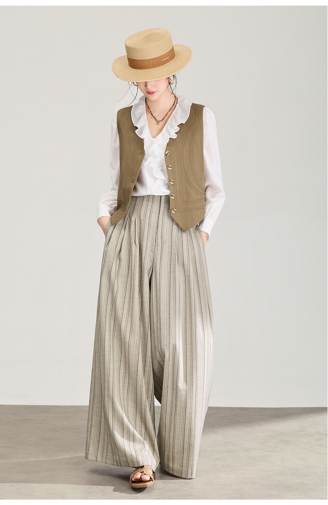 Quần culottes nữ ống rộng sọc kẻ dọc chất liệu tencel cao cấp phong cách công sở — màu kaki chi tiết 13