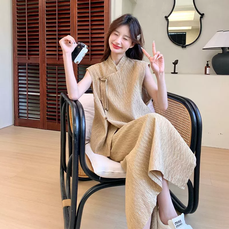 Модный ретро-костюм в китайском стиле с пуговицами, летний комплект из двух предметов: безрукавка и топ для женщин, новинка 2025 года.