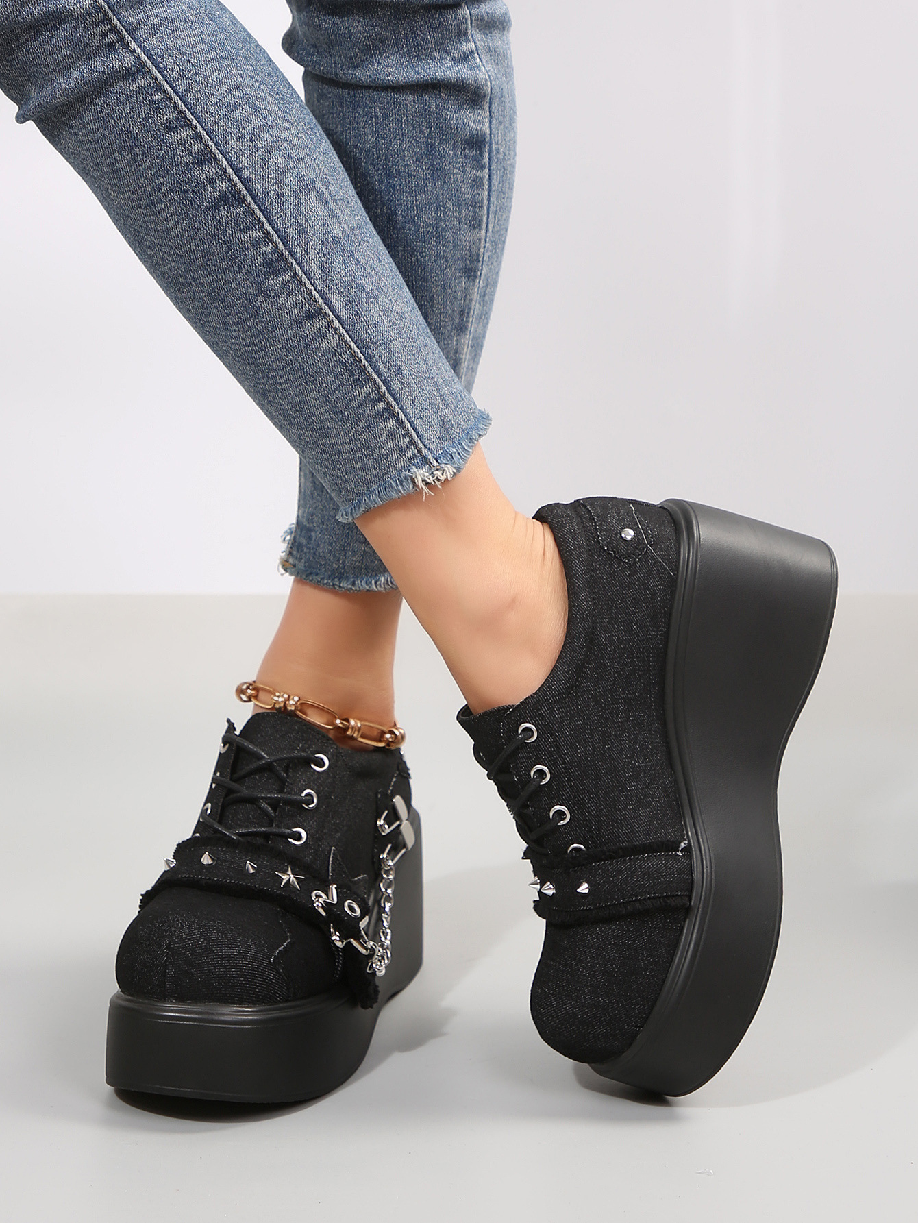 Women's Platform Wedge Mary Jane Shoes With Rivet Detail Denim_voghion.com