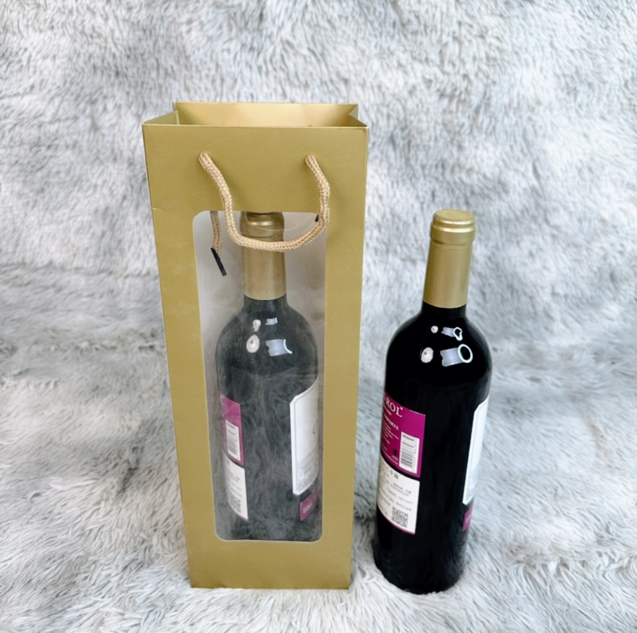 Bolsa de vino con ventana transparente – bolsa de papel kraft con asa para regalo, flores o vino