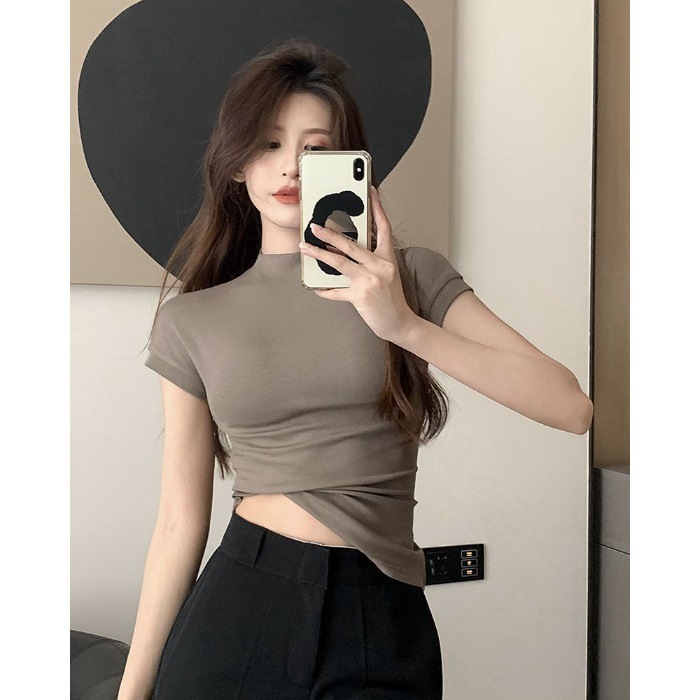 ホットガールタイトハーフタートルネック半袖ピュアデュースリムフィットインナーTシャツレディース夏気質ショートトップイン|undefined