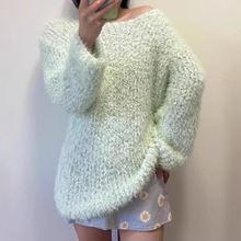 仿貂简约慵懒风中长款宽松大版针织衫甜美毛衣显瘦纯色女装套头衫