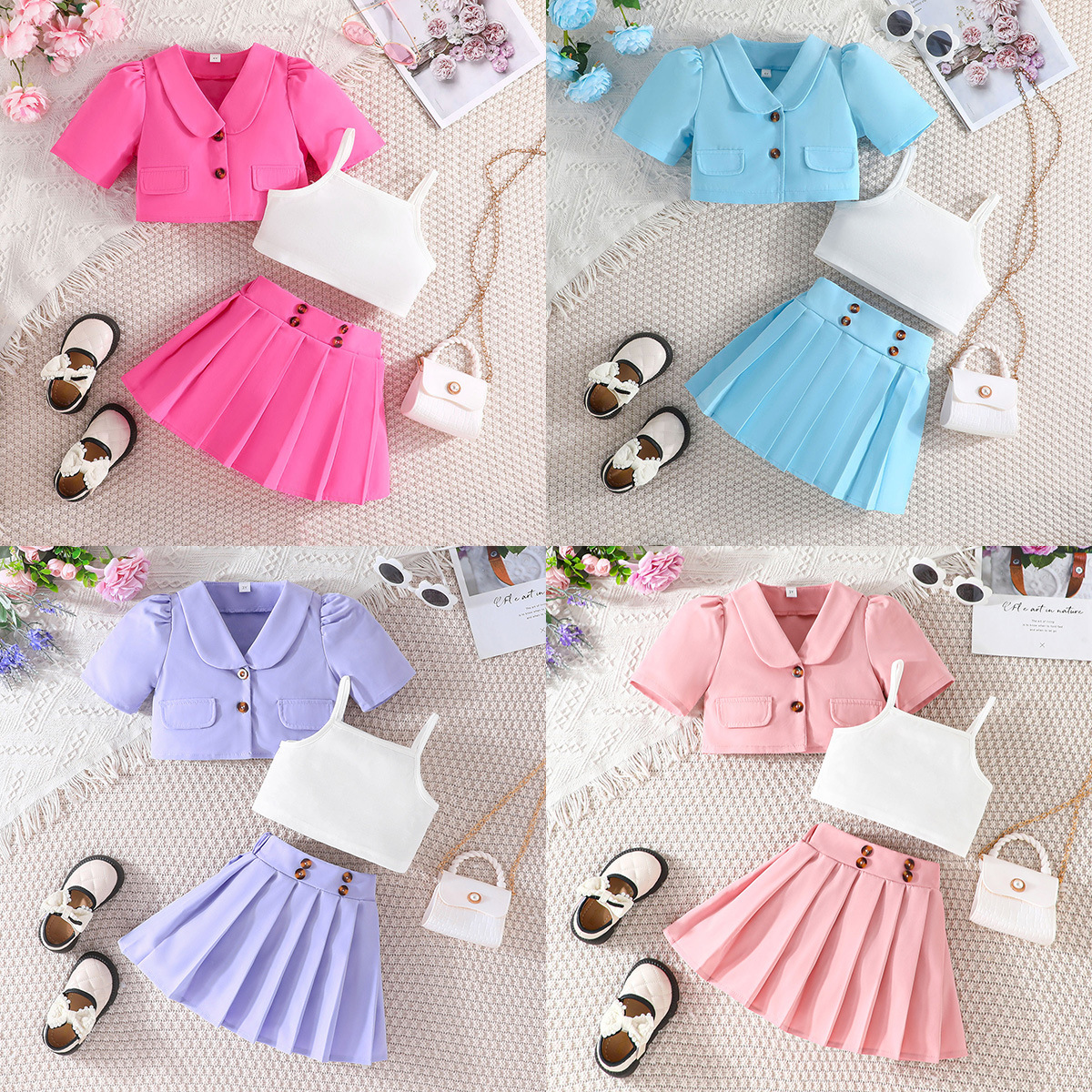2024 Summer Girls' New Short Sleeve Short Jacket White Short Suspender + Pleated Short Skirt Three-Piece Set