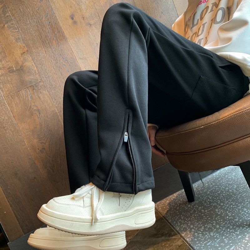 American-Style High Street Flared Pants for Men, Spring and Autumn, Side Zipper, Straight-Leg Flared White-Gray Sweatpants, Cleanfit Long Pants