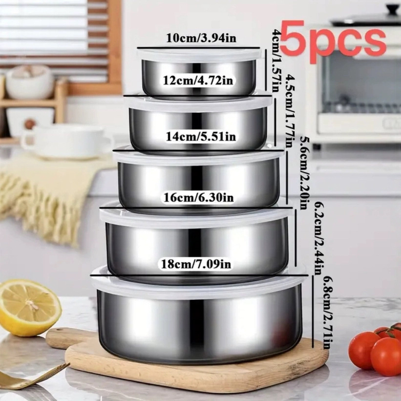 Caja de conservación de productos frescos de acero inoxidable transfronteriza de cinco piezas con tapa, refrigerador de cocina, almacenamiento fresco, caja redonda de color de comercio exterior
