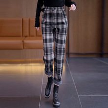 简约大气加绒格子休闲直筒裤女2025年秋冬季新款高腰百搭哈伦裤子