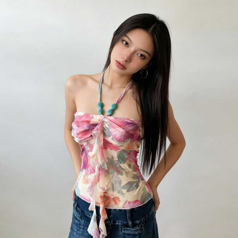European and American Style 2026 Spring and Summer New Women's Fashion Elegant Slim-Fit Halter Neck Sexy Backless Tube Top Printed T-Shirt