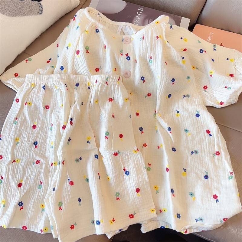 Korean-style Simple Three-color Flower Pajamas Summer Women's 2025 New Short-sleeved Shorts Summer Korean-style Home Clothes Two-piece Set
