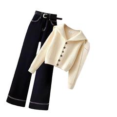 2025两件套小香风针织新款高腰设计穿搭感毛衣女直筒裤减龄一整套
