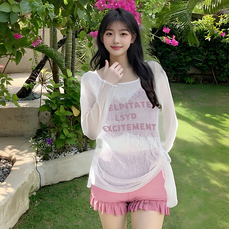 Nuevo traje de baño dividido de celebridades de Internet para mujer, verano conservador de tres piezas, estilo de vacaciones de aguas termales, blusa de protección solar de manga larga, traje de baño al por mayor