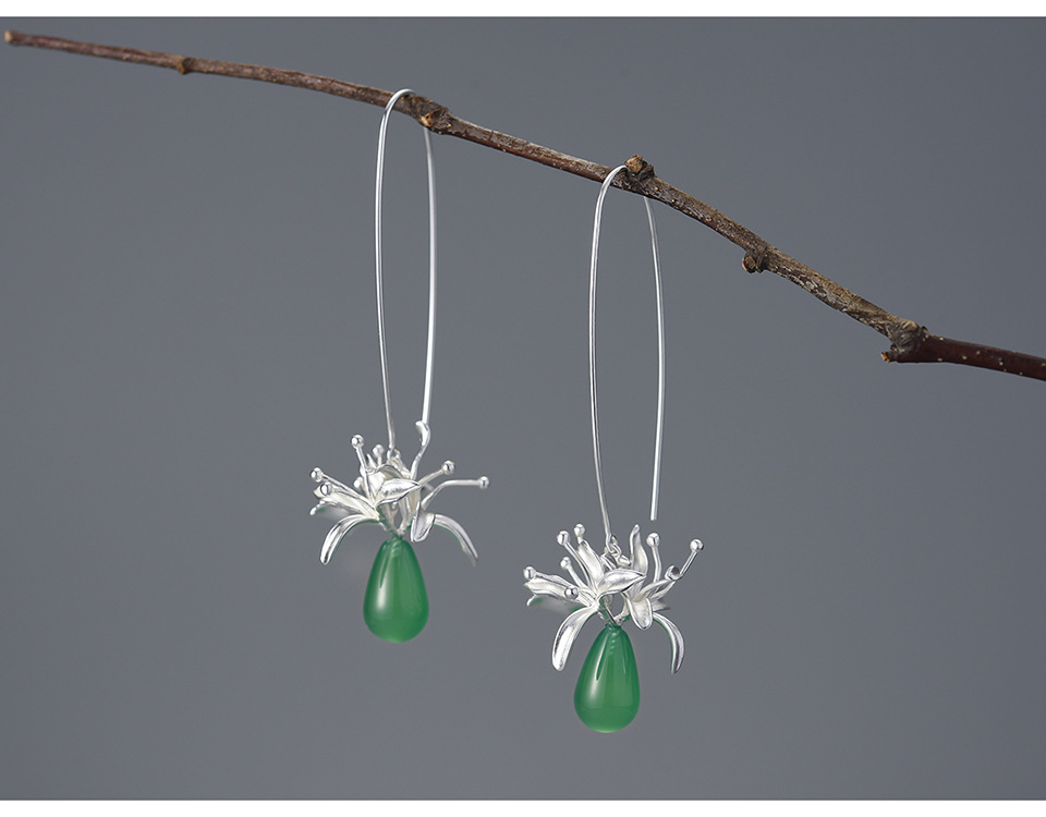 1 Pair 925 Sterling Silver Agate Flower Drop Earrings display picture 6