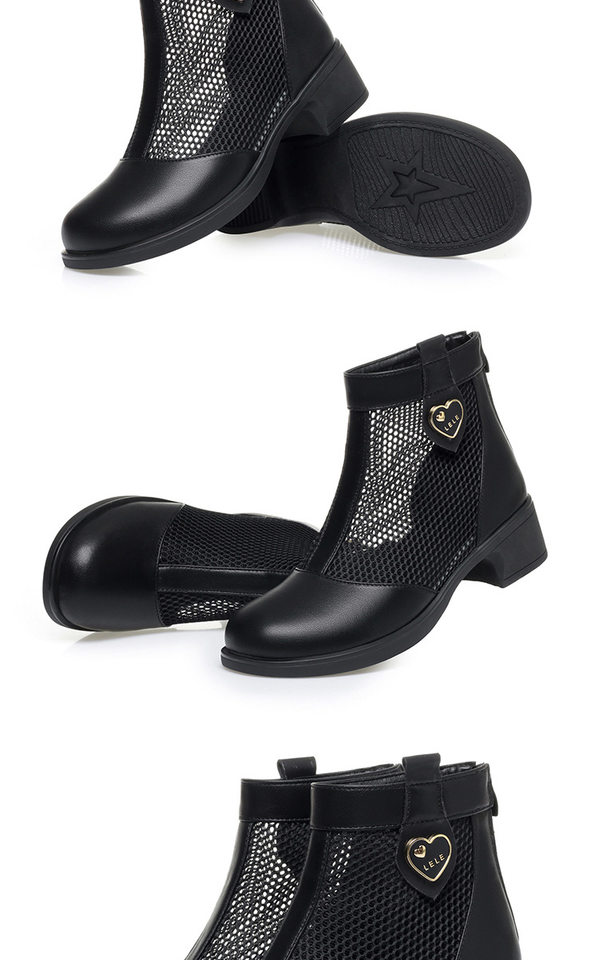 Boot nữ cổ thấp da lưới gót thấp thoáng khí, đế thô chắc chắn — màu đen chi tiết 15