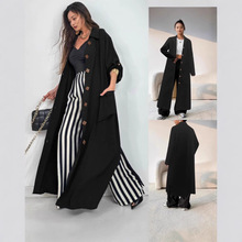 欧美跨境外贸秋冬韩版加厚翻领大衣长款过膝外套潮流纯色女式风衣