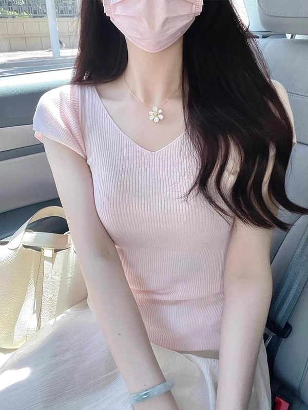 セクシーな純粋な欲望の気質 V ネックショートスリーブ Tシャツ女性の夏の新しいウエスト痩身ショートホットガールニットトップ|undefined