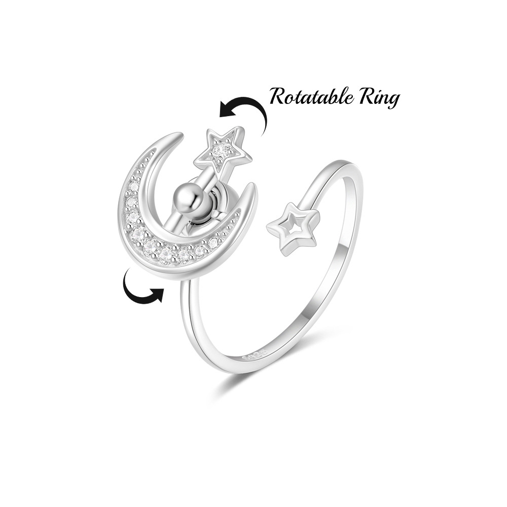 2g Weight Zircon Inlay Material Anxiety Ring, Open Rings Classification Adjustable Ring Size 1 Piece Quantity Daily Occasion 925 Sterling Silver Material Sun, Moon Pattern All Seasons Season Women's Gender Plating, Inlay Design Sweet, Shiny Style 925 Sterling Silver Zircon Sun Moon Open Rings Anxiety Ring 925 Sterling Silver Rings 40