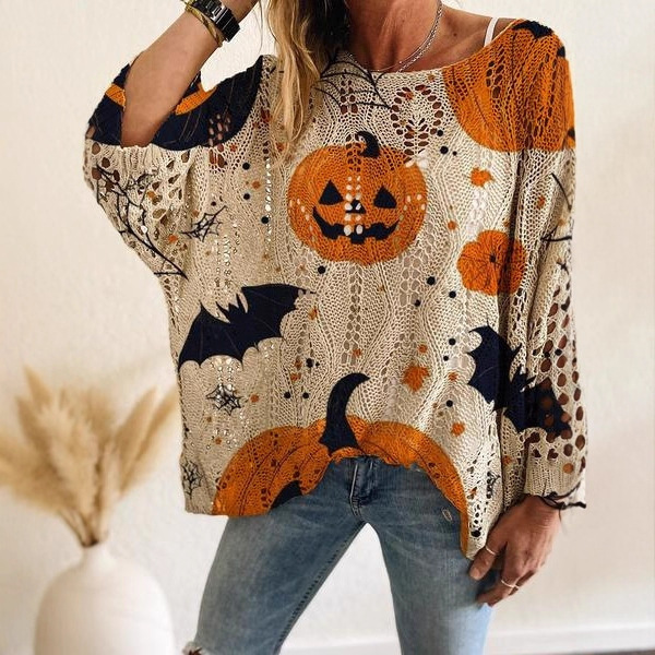 2025 New Round Neck Diamond Hollow Pumpkin Bat Halloween Print Nine Quarter Sleeve Women's Sweater Top