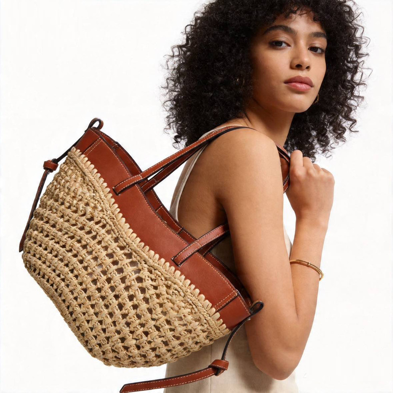 Fashionable Straw Tote Bag 2026 New Style Leather Splicing Woven Shoulder Bag Casual Summer Beach Handbag for Women