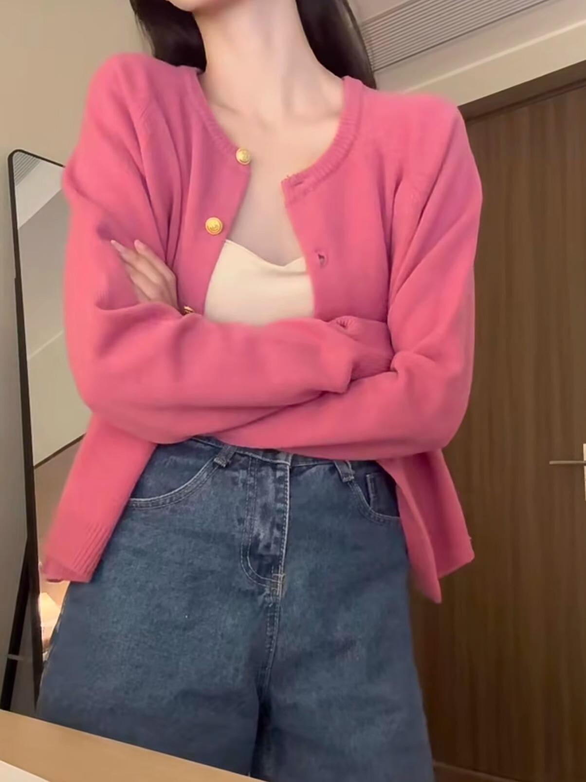 小众慵懒风玫红色针织开衫女秋冬温柔氛围感软糯毛衣外套漂亮上衣