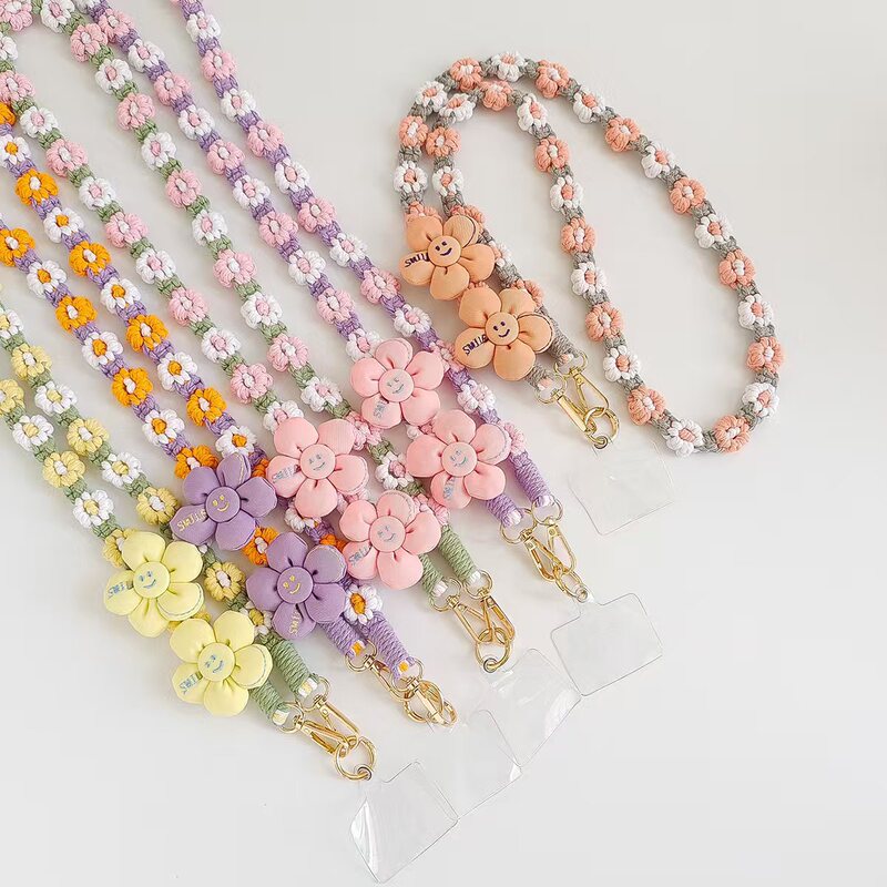 Hot-Selling Pure Handmade Exquisite Woven Smiley Face Flower Fresh Daisy Girl-Style Simple Fashion Personalized Phone Chain