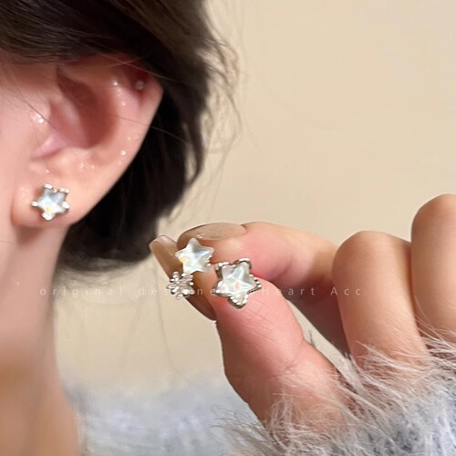 Bright Star~Star Zircon Silver Needle Earrings Women's Fashionable Temperament Cool Earrings  New Earrings