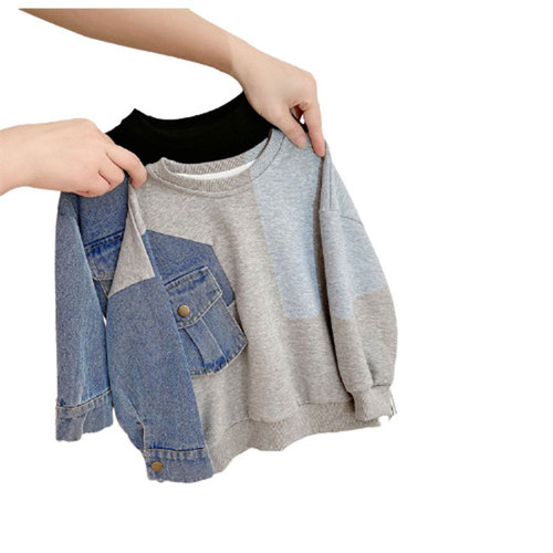 Boys Korean style denim spliced ​​sleeve loose sweatshirt  spring and autumn new style casual pullover for children and middle-aged children
