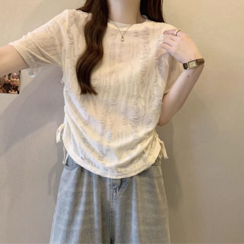 设计感破洞时尚抽绳短袖T恤女夏大码胖mm显瘦不规则收腰辣妹上衣|undefined