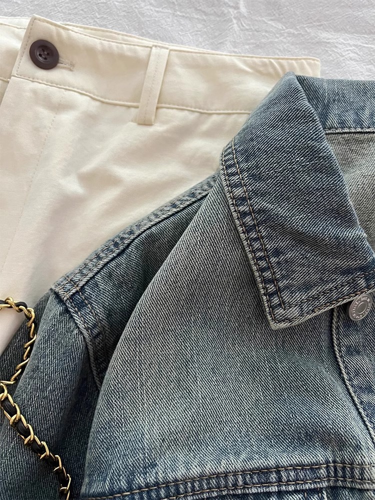 Women's Clothing Vintage Blue Lapel Denim Coat Women's Early Spring Loose All-match Hong Kong-style Jacket Short Top_voghion.com