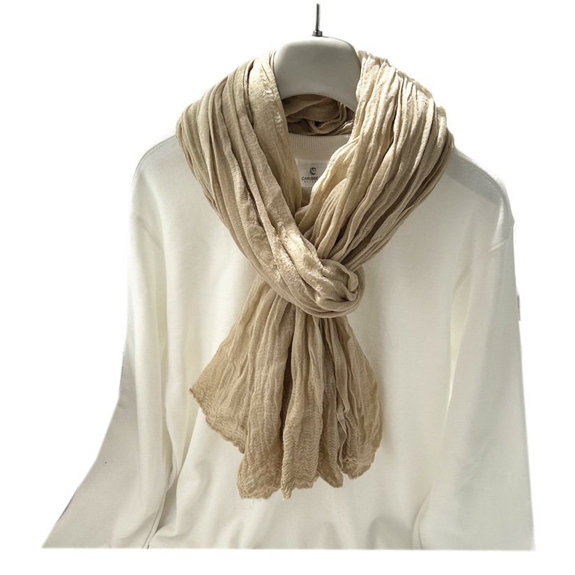 Autumn Style Artistic Zen Pleated Scarf for Women, New Export Model, Solid Color Cotton Linen Silk Scarf, Sun Protection Shawl, Trendy