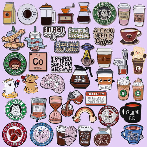 European and American English Coffee Series Brooch Set, Metal Badges, Fashion Accessories, Versatile Beverage Milk Tea