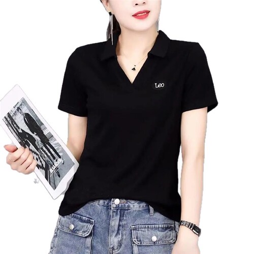 Ladies' Loose and Slim Fit Striped Polo Shirts V-Neck Half-Sleeve T-shirts Summer Top Mother's Outfit
