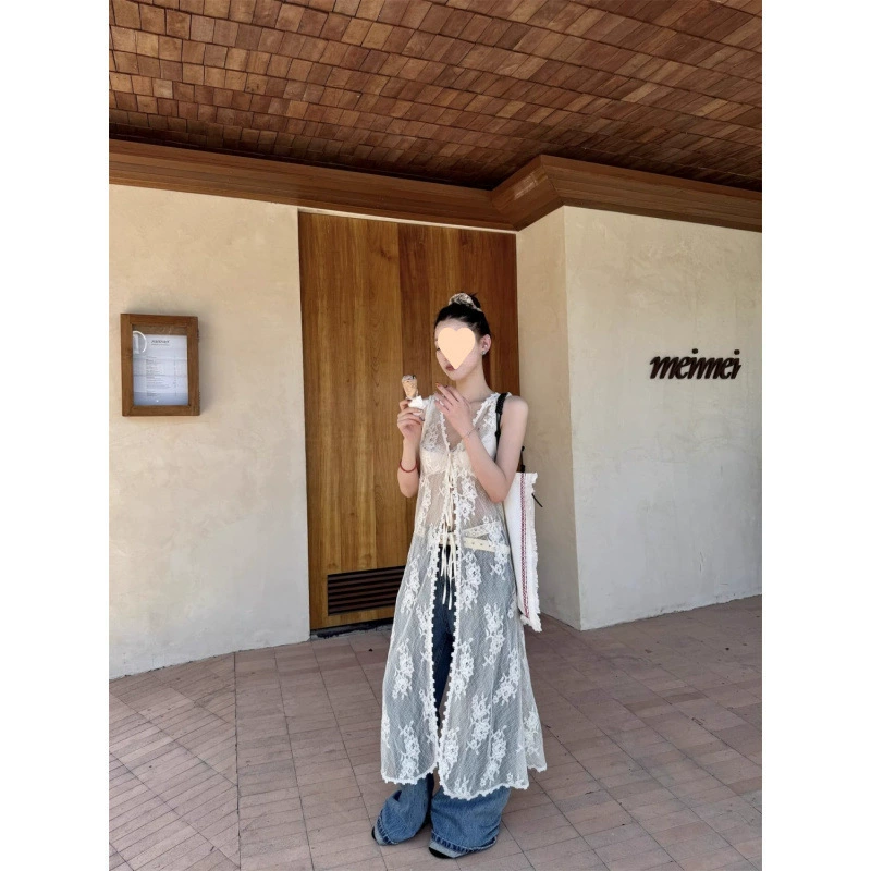 Платье-жилет с кружевом, тонкая длинная многослойная полая блузка