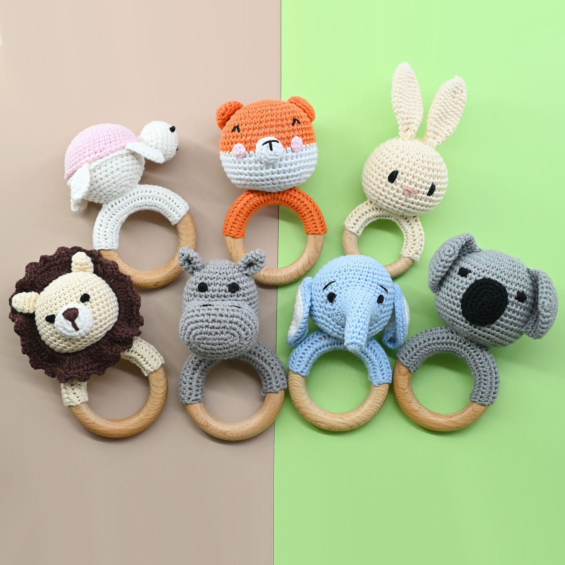 Productos para bebés círculos de haya para bebés, bebés creativos, manos tranquilizadoras, cuentas, ganchillo de animales, campanas