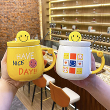 日式簡約笑臉表情陶瓷杯家用卡通早餐杯子帶蓋勺學生情侶可愛水杯