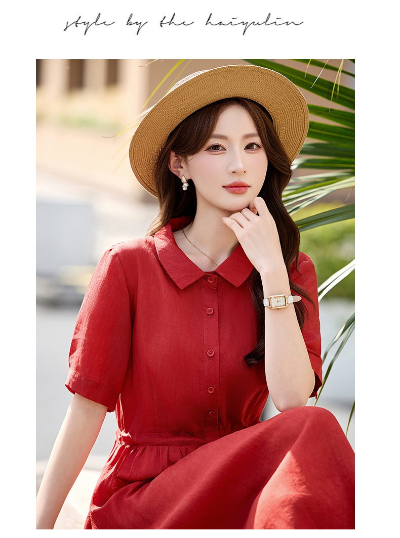 Đầm suông nữ midi dây rút eo cổ điển tay ngắn — Xanh lông mòng đen, màu đỏ chi tiết 15